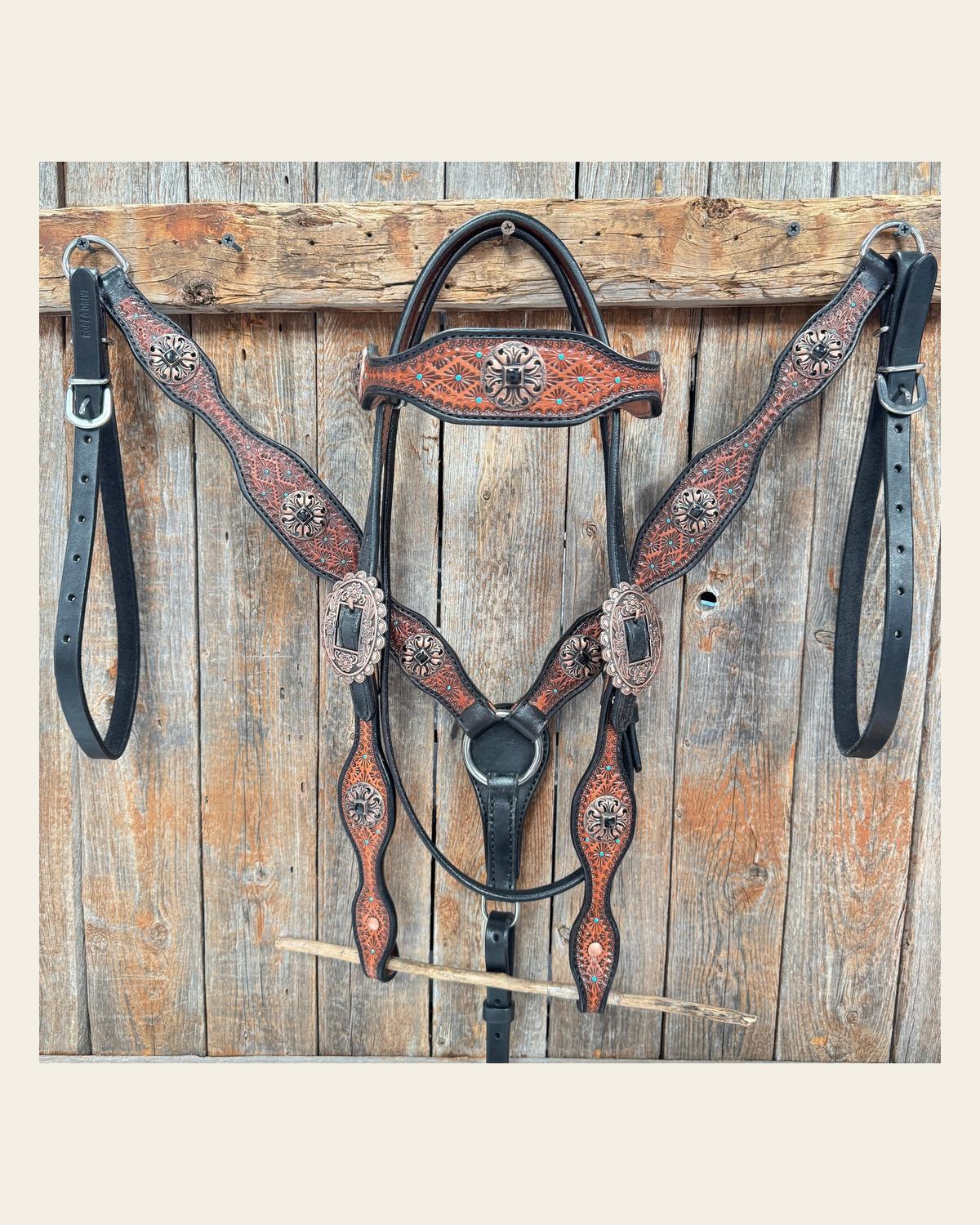 Teal Diamond and Black Fleur De Lis Browband / One Ear - Breastcollar Tack Set #BBBC658 on a warm cream background