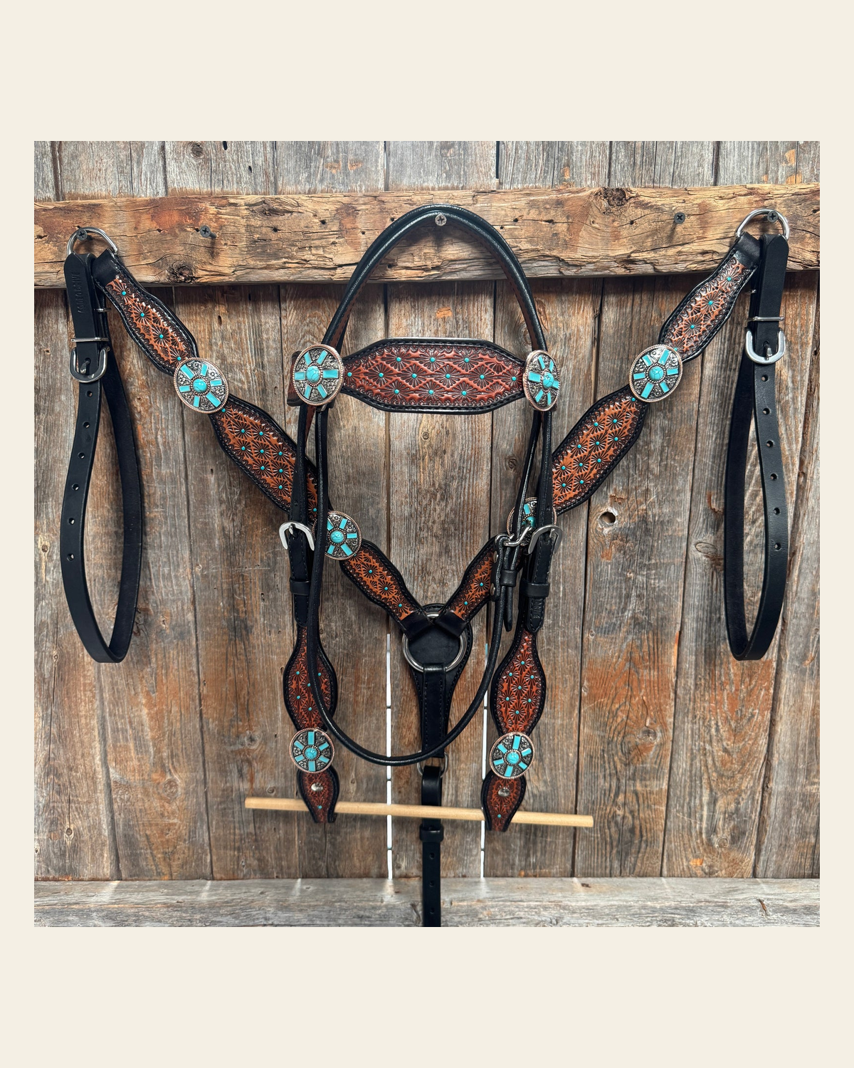 Teal Diamond and Turquoise Browband | One Ear Tack Set #BBBC521 on a warm cream background