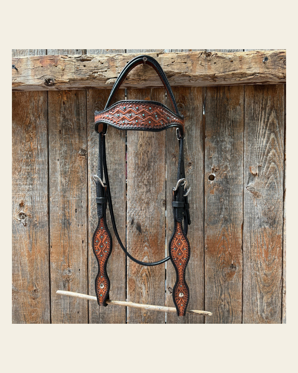 Teal Diamond Scalloped Browband Headstall / Bridle #24374 on a warm cream background