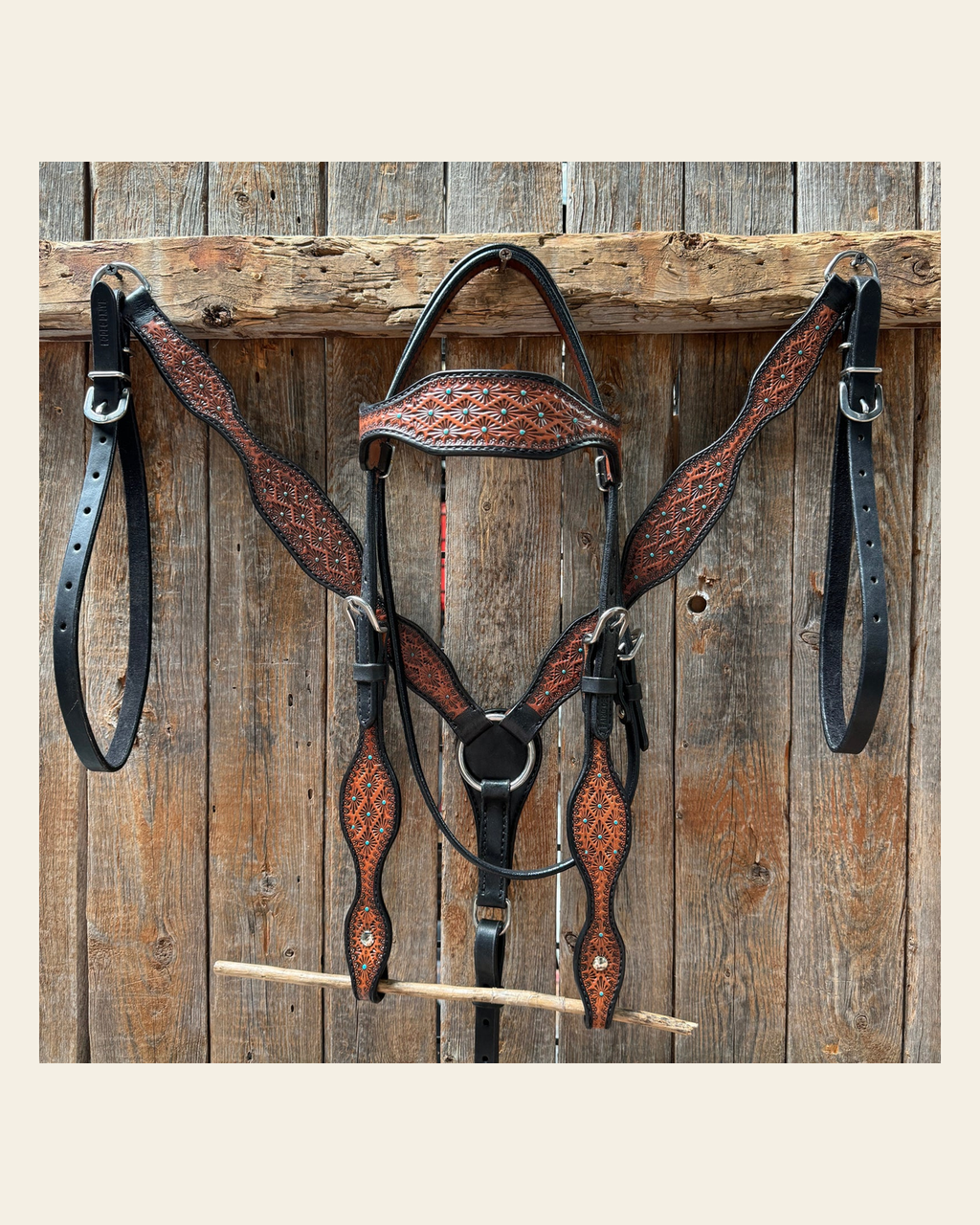 Teal Diamond Browband / One Ear Headstall and Breastcollar Tack Set on a warm cream background