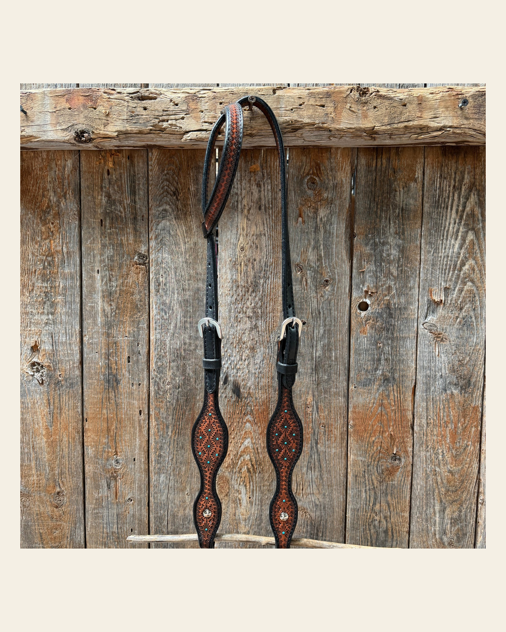 Teal Diamond Scalloped One Ear Headstall / Bridle #24375 on a warm cream background