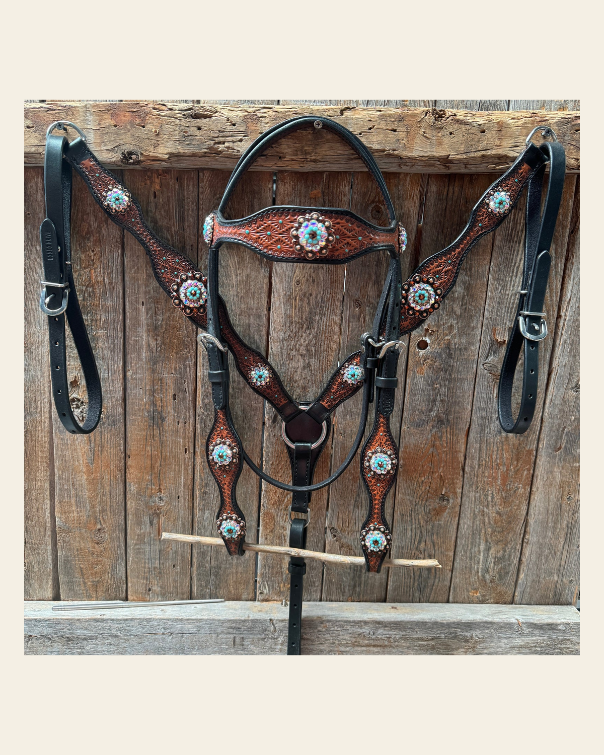 Teal Diamond Topaz and Turquoise Browband / One Ear - Breastcollar Tack Set #BBBC650 on a warm cream background