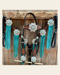 Teal Diamond Turquoise and AB Browband / One Ear - Breastcollar Tack Set #BBBC484 on a warm cream background