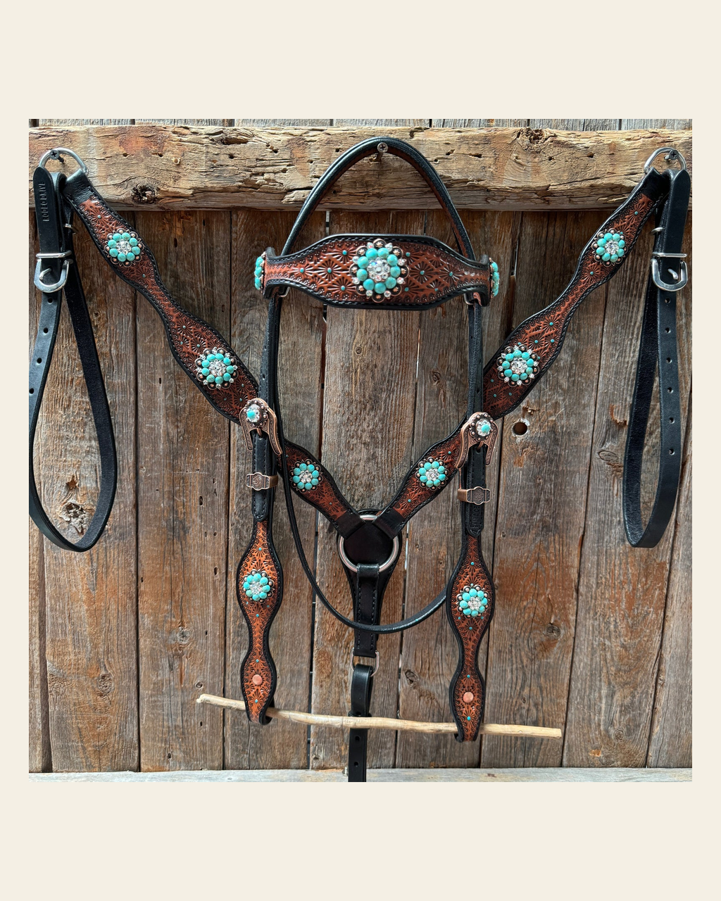 Teal Diamond Turquoise and Clear Browband / One Ear - Breastcollar Tack Set #BBBC644 on a warm cream background