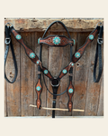 Teal Diamond Turquoise and Clear Browband / One Ear - Breastcollar Tack Set #BBBC644 on a warm cream background
