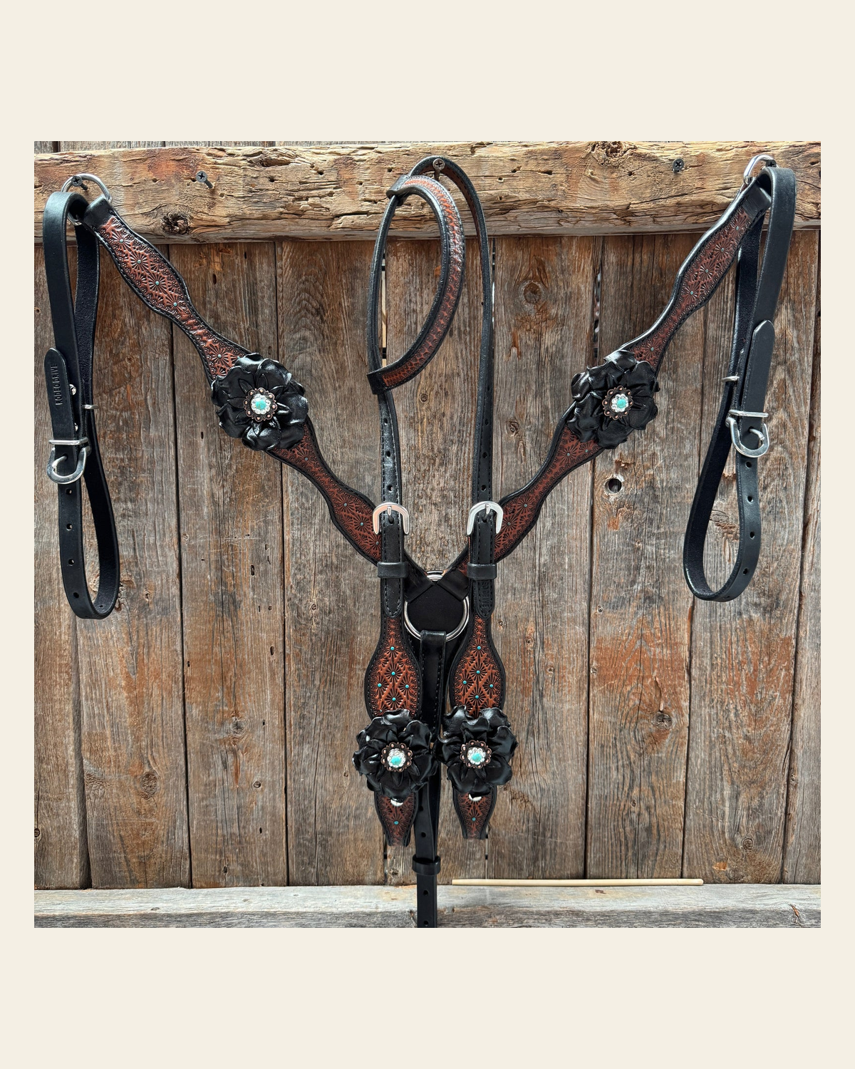 Teal Diamond Turquoise and Clear One Ear - Breastcollar Tack Set #OEBC452 on a warm cream background