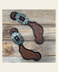 Teal Dot Diamond Antique Silver Teal, AB Spur Straps #SS137 on a warm cream background