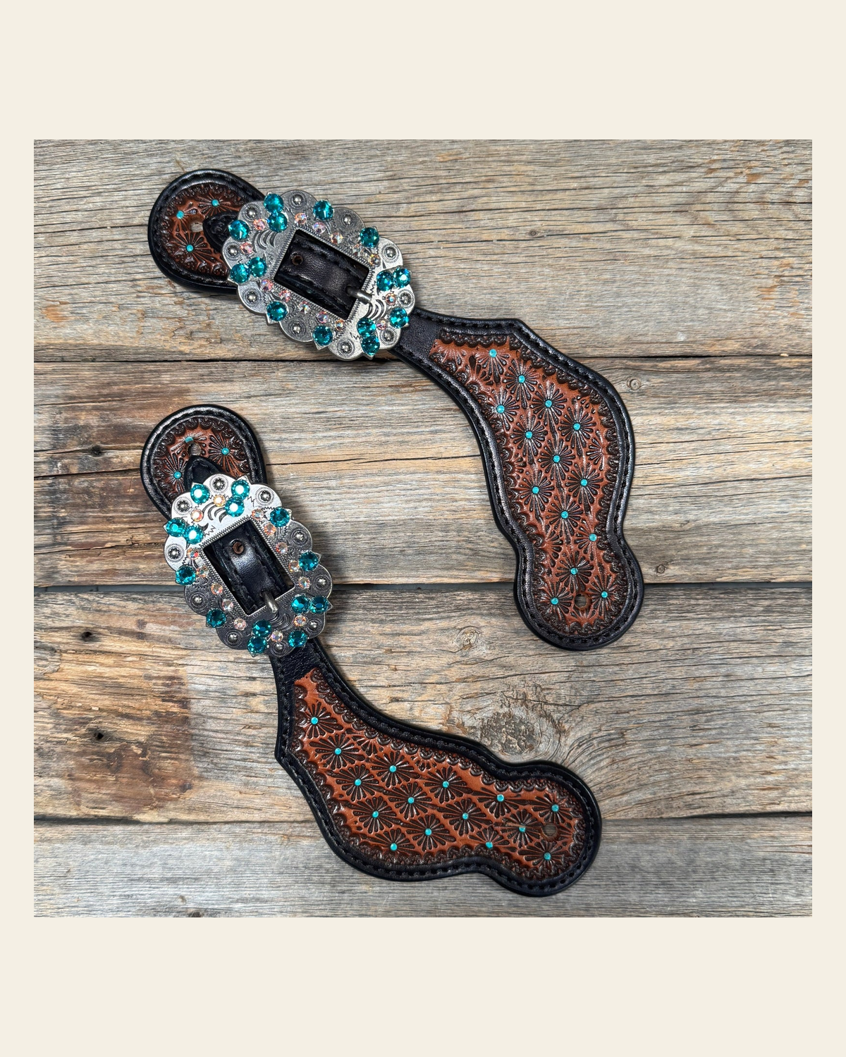 Teal Dot Diamond Antique Silver Teal, AB Spur Straps #SS137 on a warm cream background