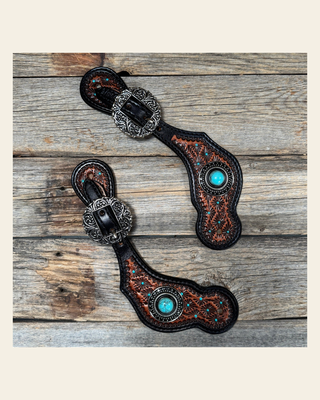 Teal Dot Diamond Antique Silver Turquoise Western Conchos Spur Straps #SS138 on a warm cream background
