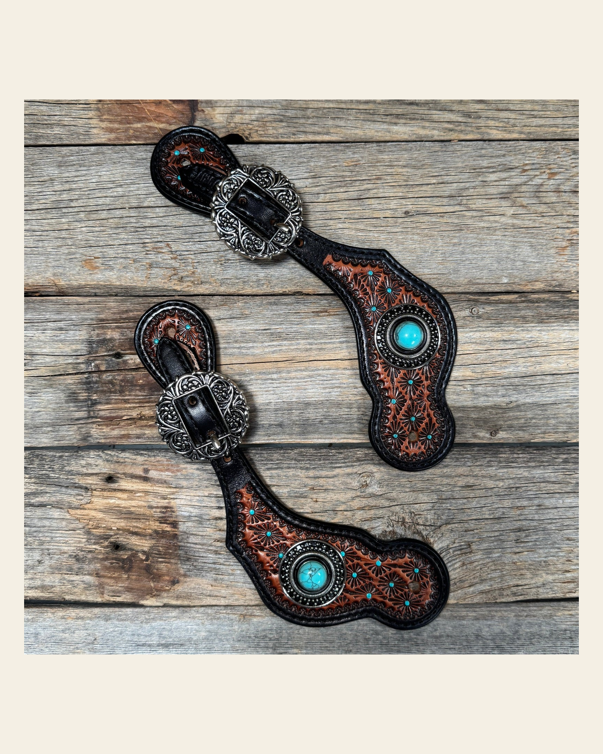 Teal Dot Diamond Antique Silver Turquoise Western Conchos Spur Straps #SS138 on a warm cream background