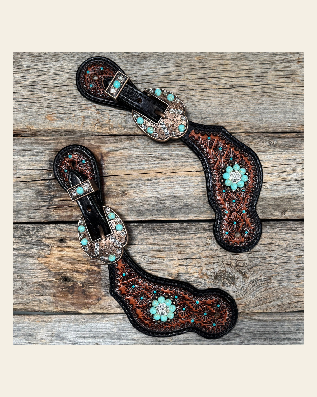 Teal Dot Diamond Copper Turquoise, Clear Spur Straps #SS136 on a warm cream background