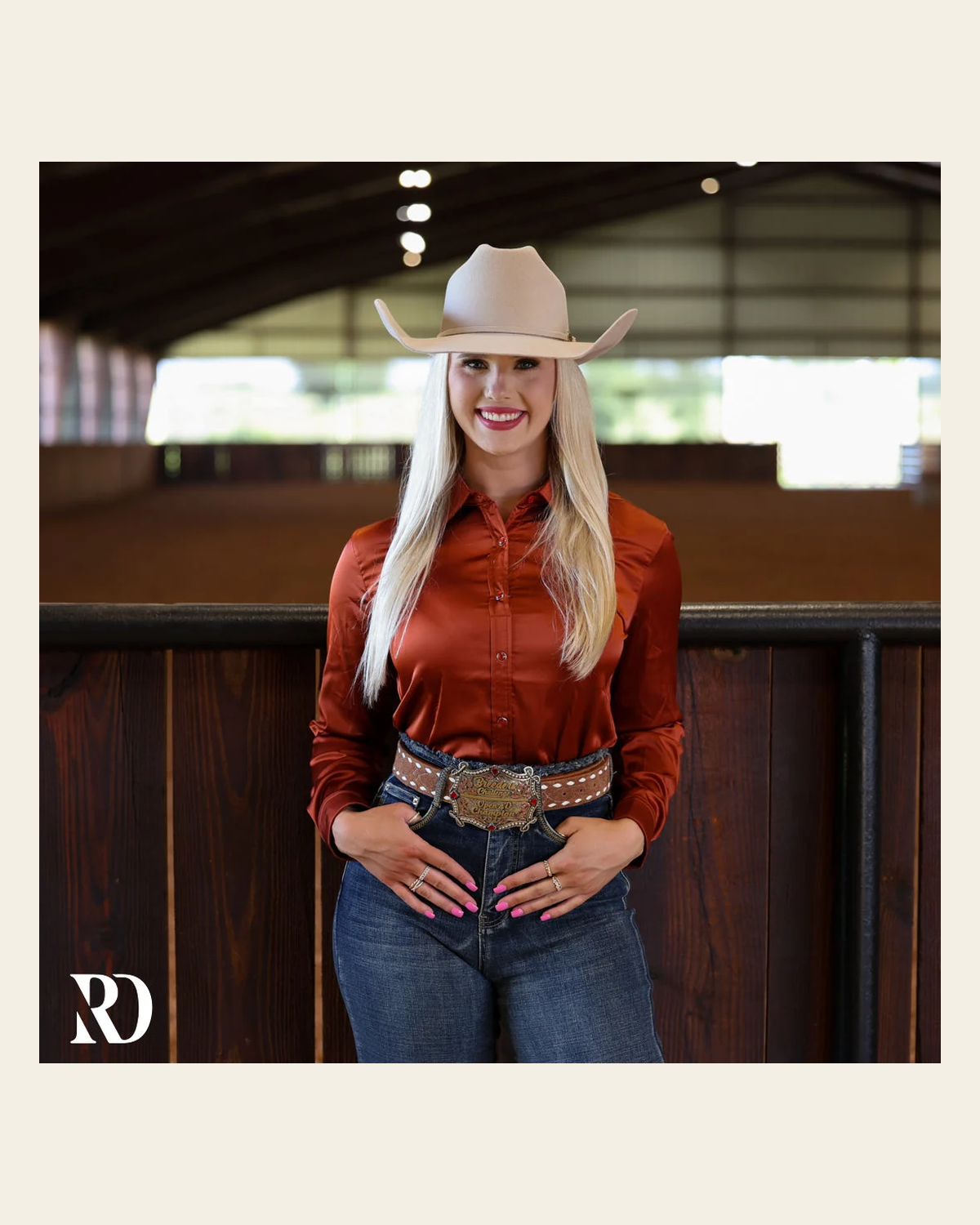 Terracota Satin Performance Rodeo Shirt on a warm cream background