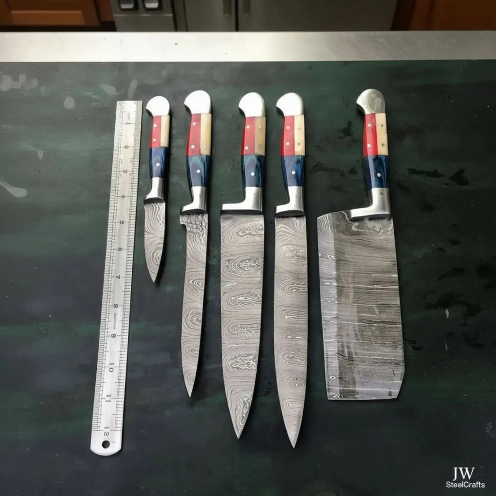 Texas Flag Handle Damascus 5-Piece Knife Set with Leather Kit