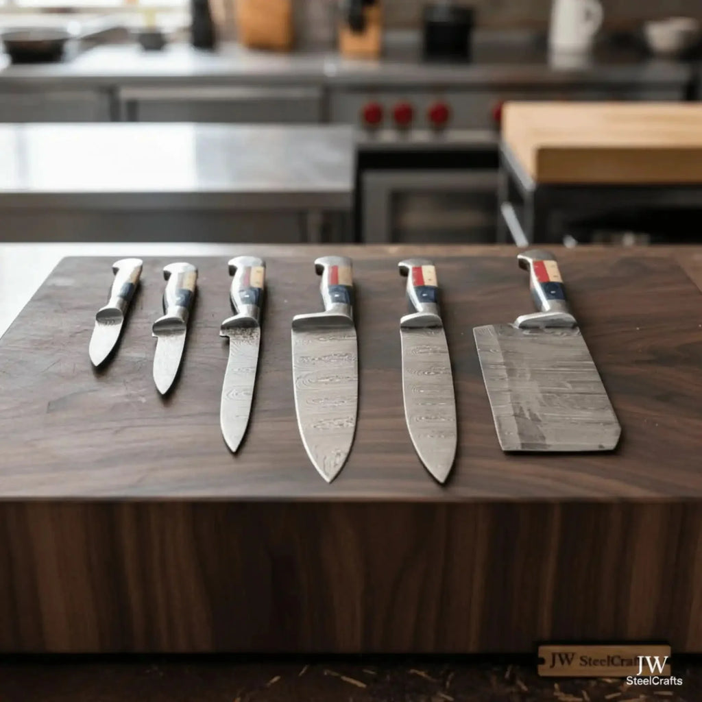 Texas Flag Handle Damascus 5-Piece Knife Set with Leather Kit