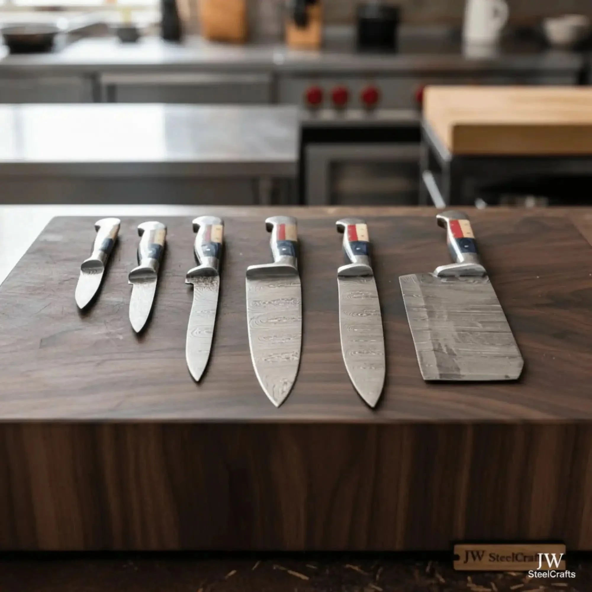 Texas Flag Handle Damascus 5-Piece Knife Set with Leather Kit
