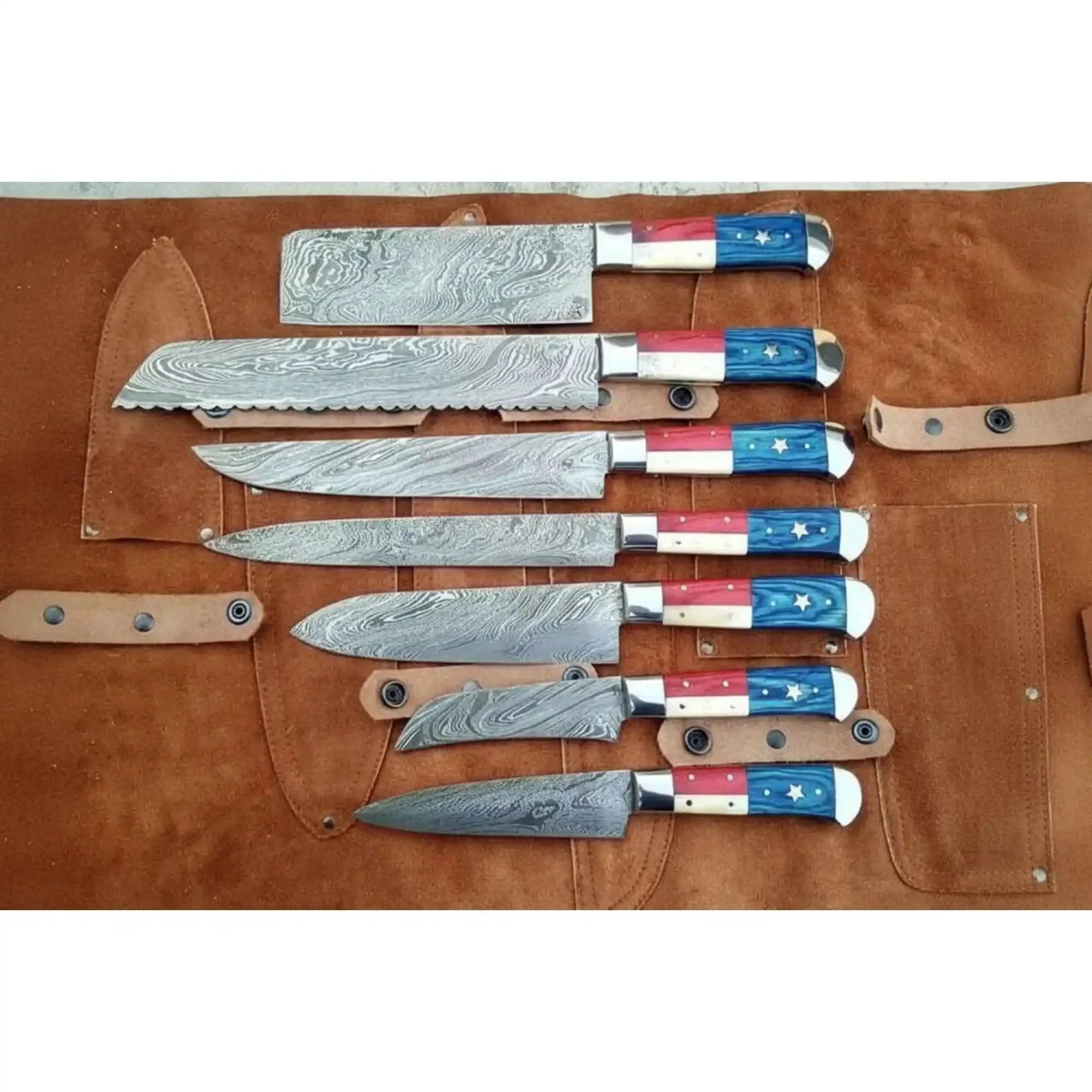 8-Piece Texas Flag Damascus Knife Set with Cleaver, Bread Knife & More