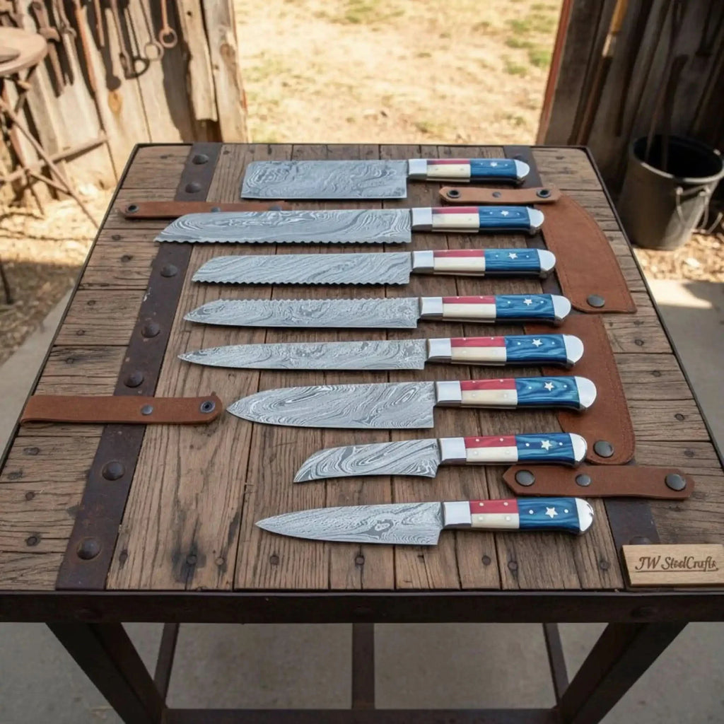 8-Piece Texas Flag Damascus Knife Set with Cleaver, Bread Knife & More