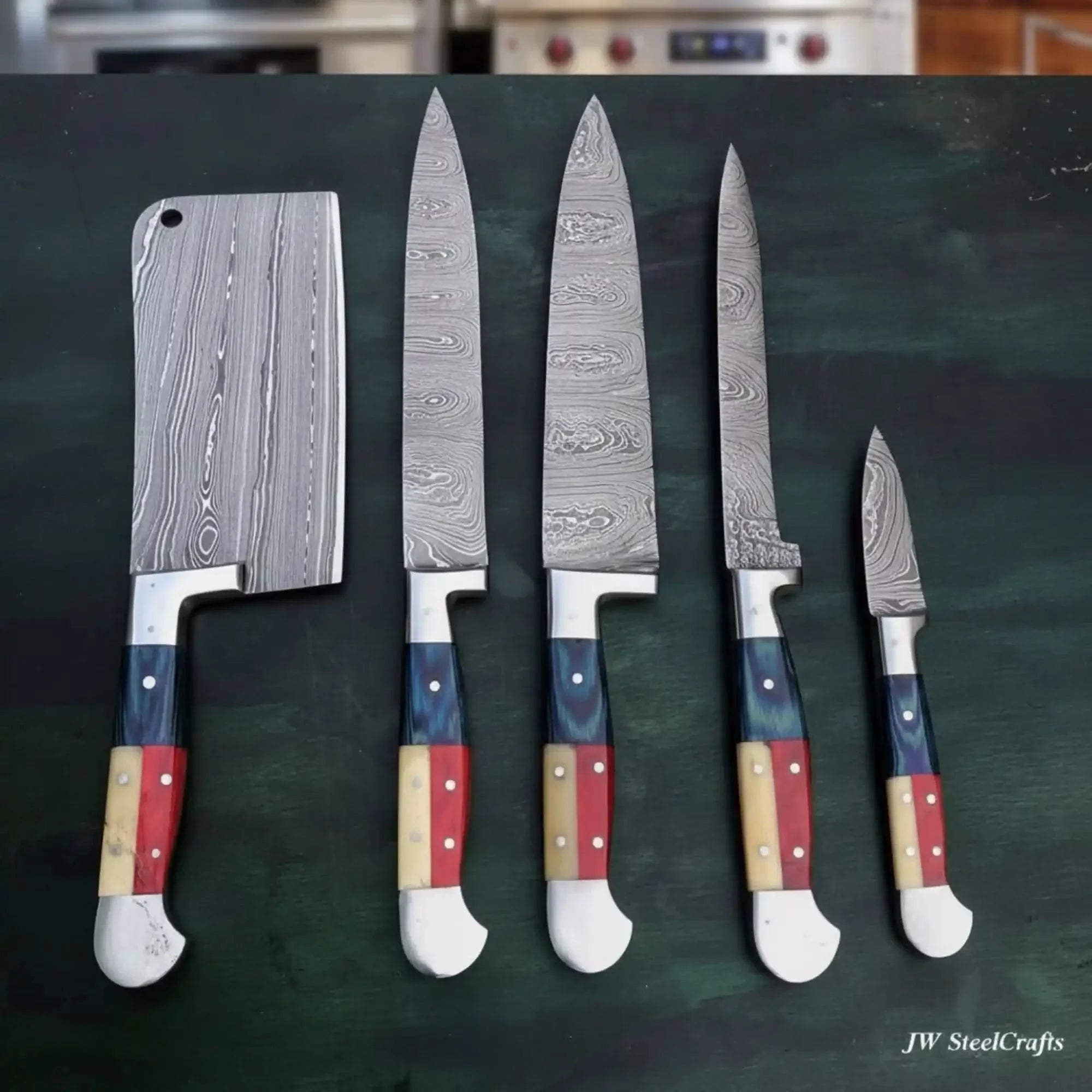 Texas Flag Handle Damascus 5-Piece Knife Set with Leather Kit