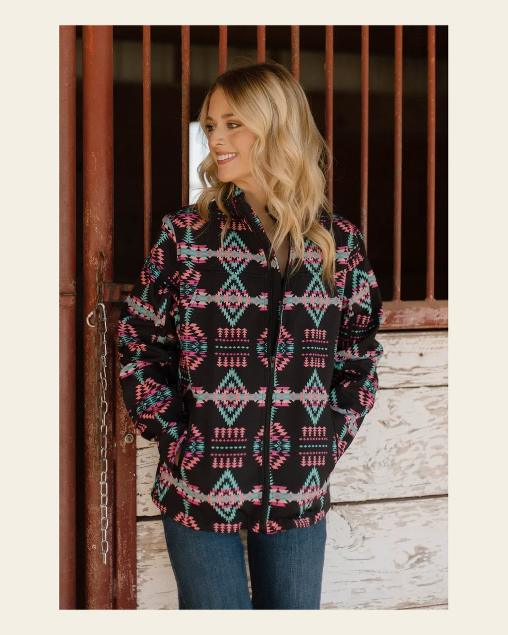 The Neon Cowgirl Aztec | Jacket on a warm cream background