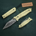 Hand-Engraved Damascus Folding Knife with Brass Handle & Leather Sheath