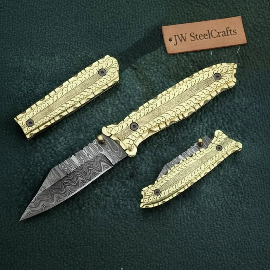 Hand-Engraved Damascus Folding Knife with Brass Handle & Leather Sheath