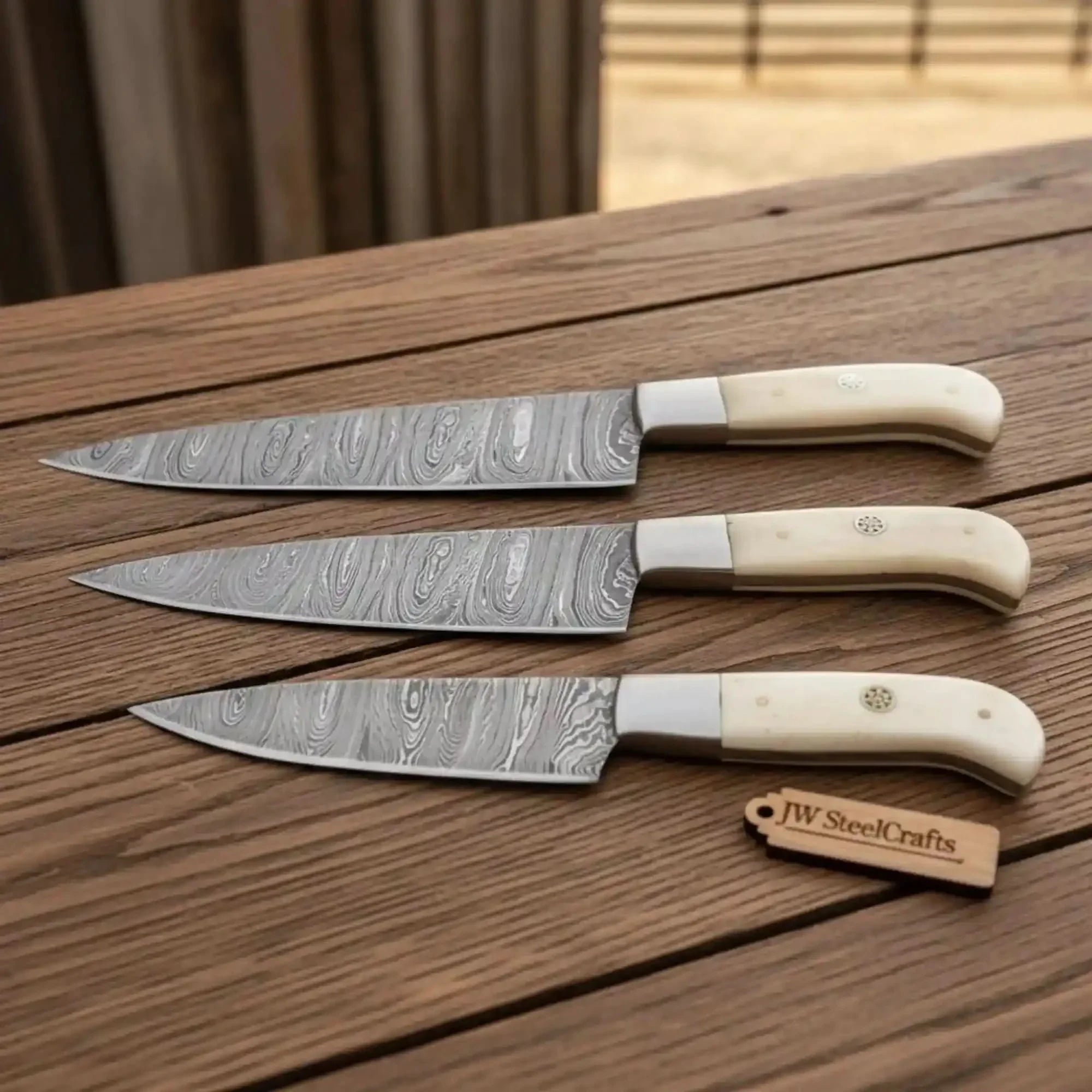 3-Piece Damascus Steak Knife with Twisted Damascus Blades, Camel Bone Handles, Steel Bolster, Mosaic Pin & Full Tang