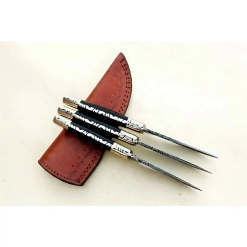 Damascus Hunting Knife Set Brass and Black Micarta Handle Fixed Blade Trio