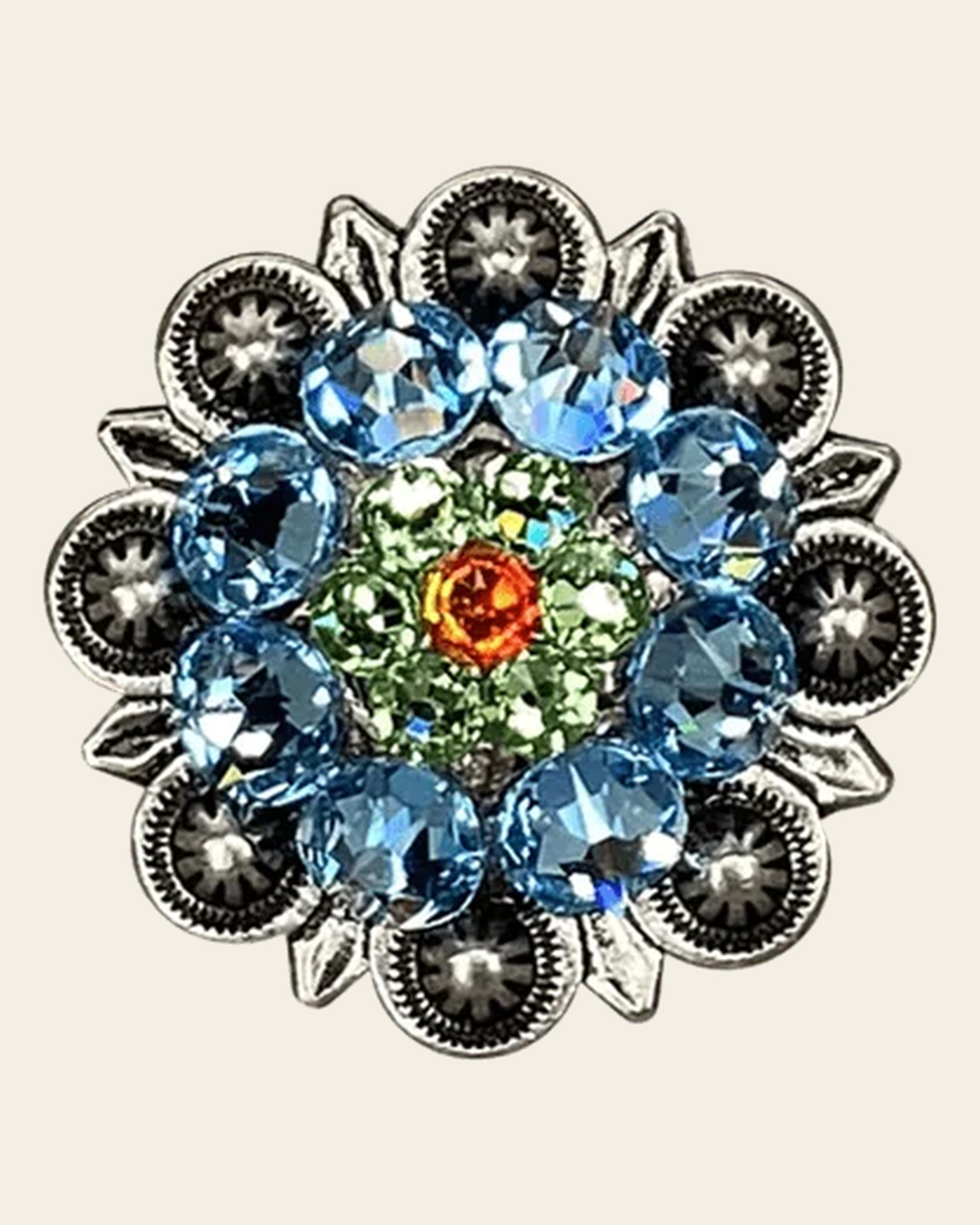 Tie Dye Antique Silver 1.25" European Crystal Concho on a warm cream background