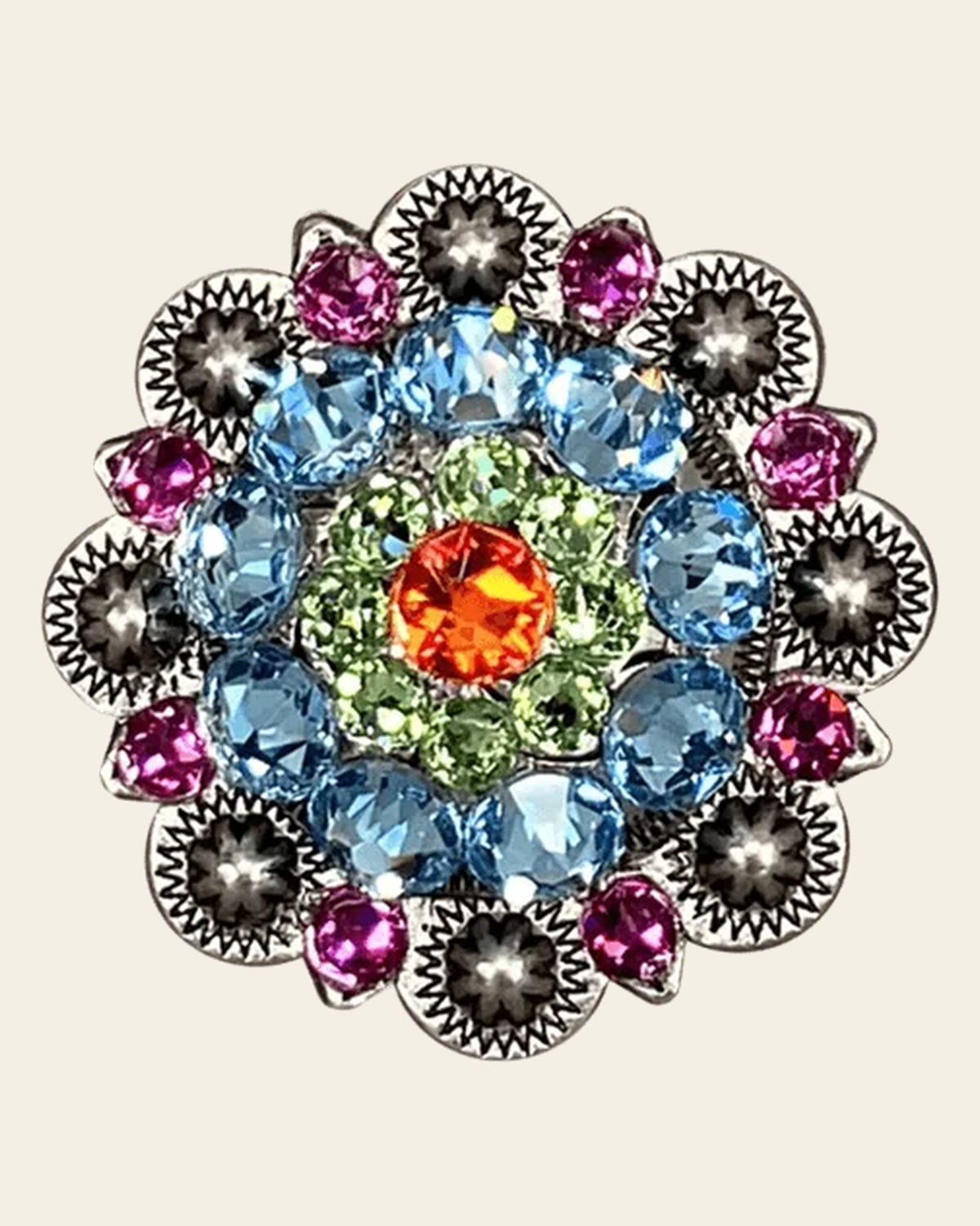 Tie Dye Antique Silver 1.5" European Crystal Concho on a warm cream background