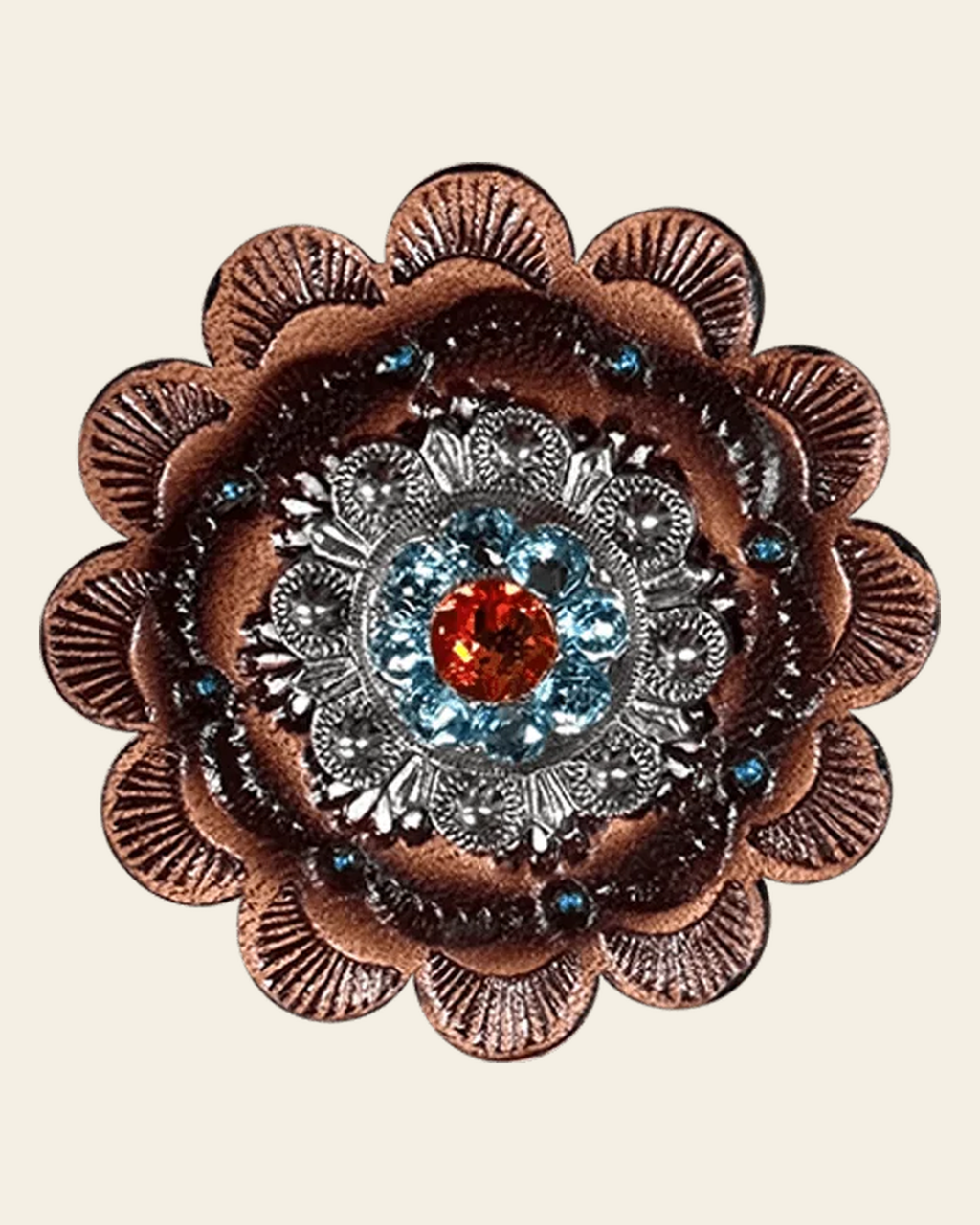 Tie Dye Antique Silver 1" European Crystal Concho and Leather Rosette on a warm cream background