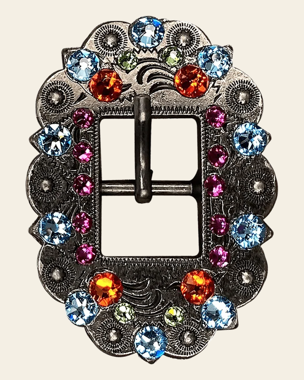 Tie Dye Antique Silver European Crystal Cart Buckle on a warm cream background