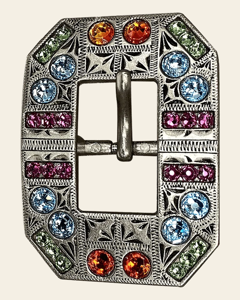 Tie Dye Antique Silver European Crystal Square Cart Buckle on a warm cream background