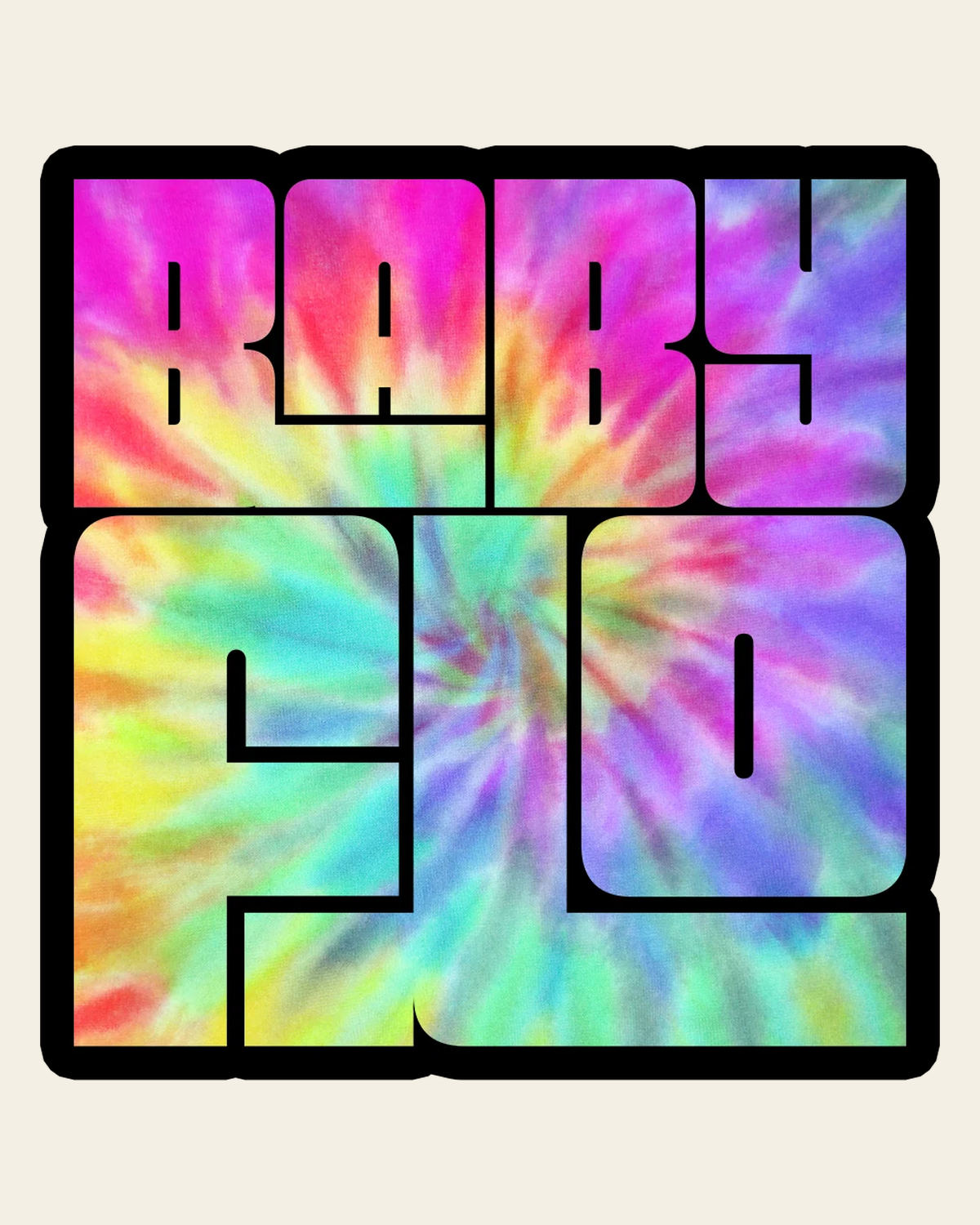 Tie Dye Babyflo Sticker on a warm cream background