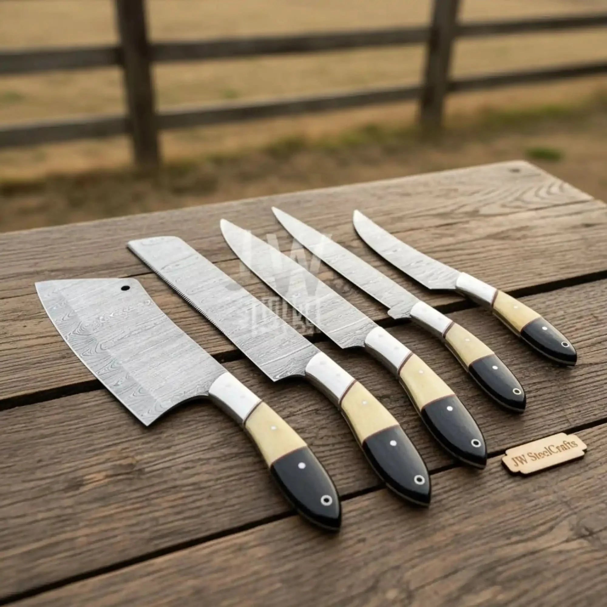 5-Piece Handmade Damascus Chef Knife Set with Wood and Resin Handles