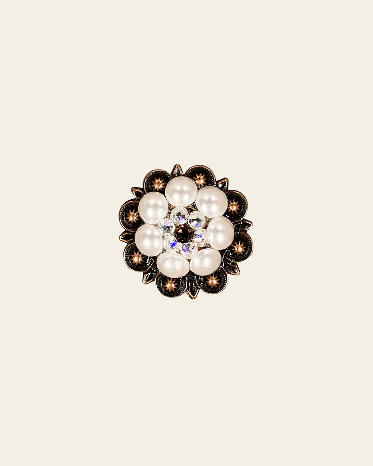 Topaz, AB & Pearl Copper 1.25" European Crystal Concho on a warm cream background