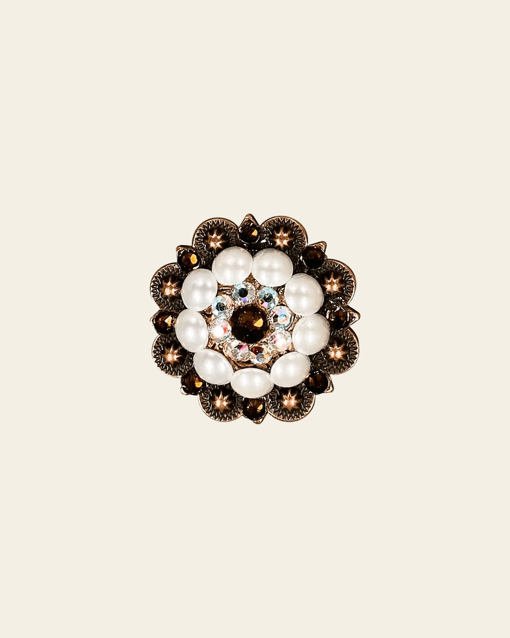 Topaz, AB & Pearl Copper 1.5" European Crystal Concho on a warm cream background