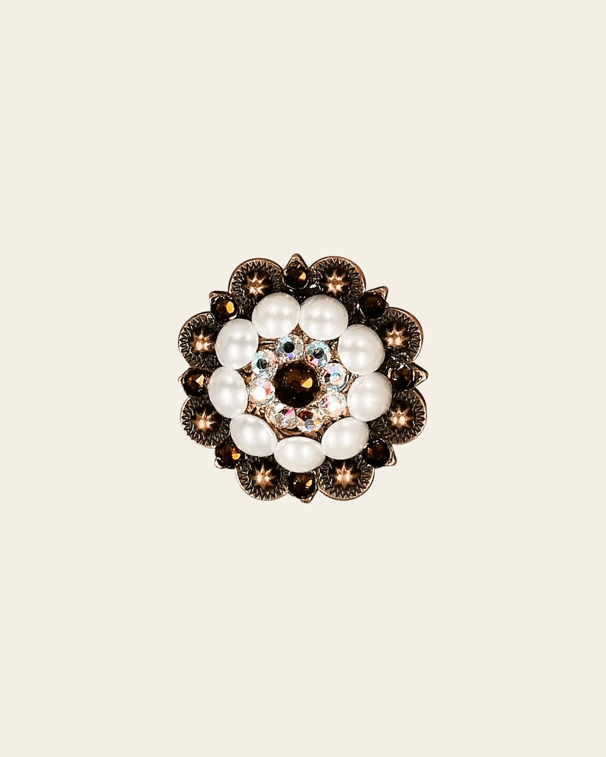 Topaz, AB & Pearl Copper 1.5" European Crystal Concho on a warm cream background