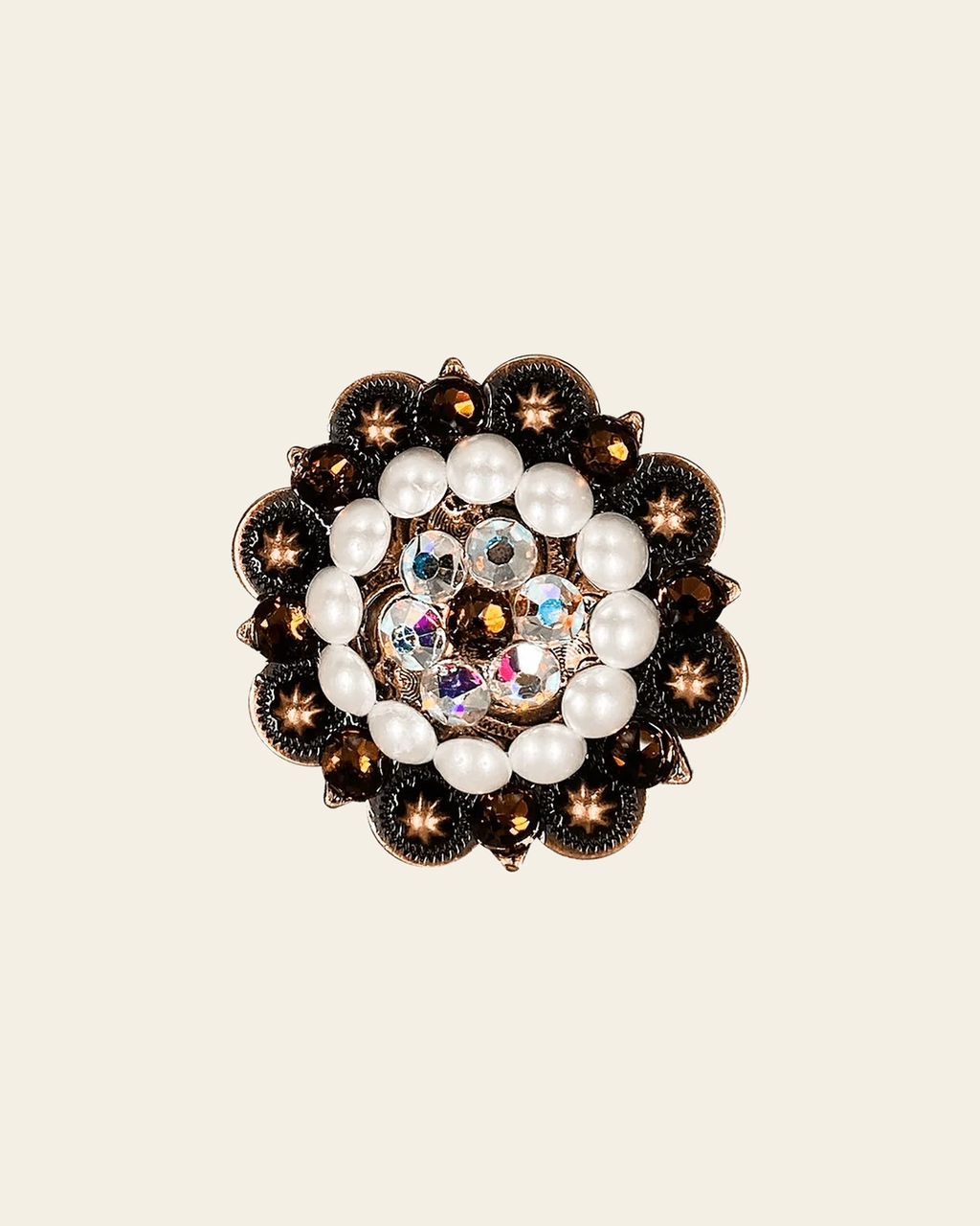 Topaz, AB & Pearl Copper 2" European Crystal Concho on a warm cream background