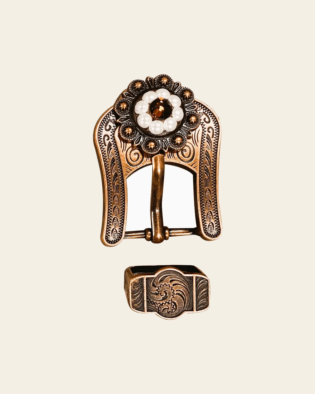 Topaz, AB & Pearl Copper European Crystal Buckle and Keeper Set on a warm cream background