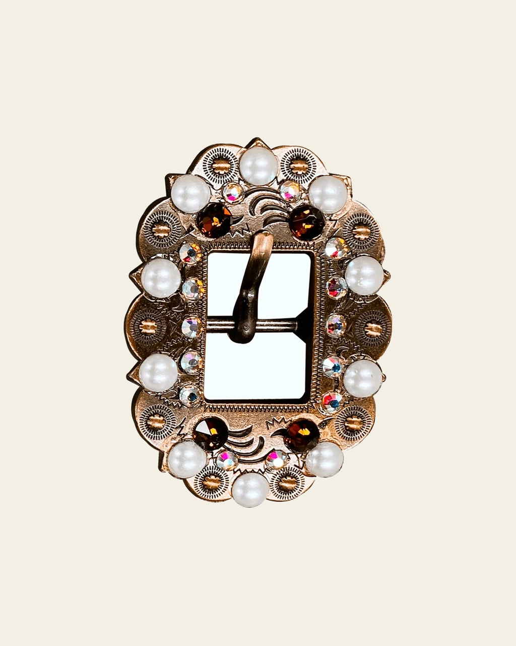 Topaz, AB & Pearl Copper European Crystal Cart Buckle on a warm cream background