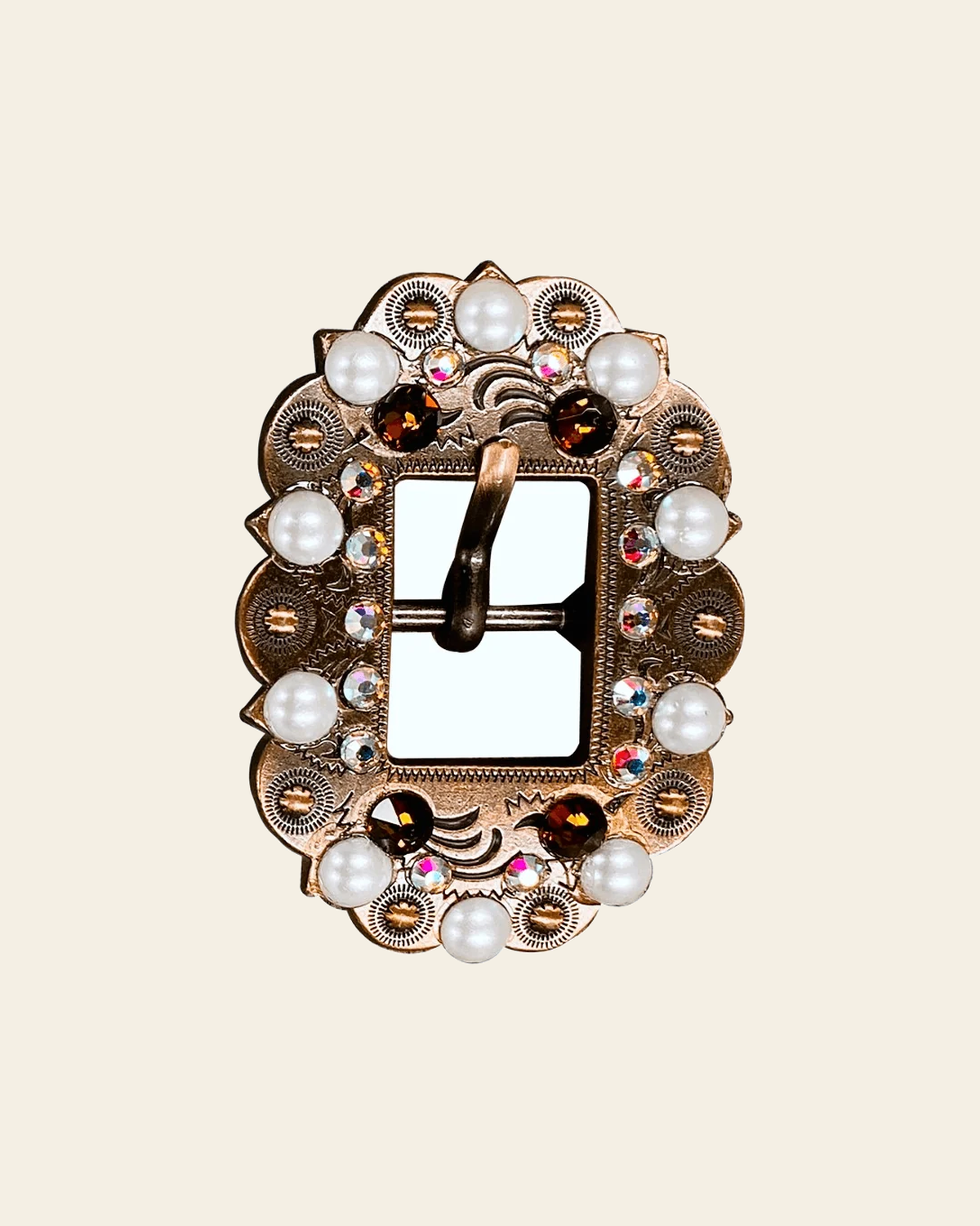Topaz, AB & Pearl Copper European Crystal Cart Buckle on a warm cream background