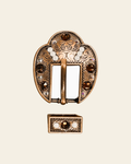 Topaz, AB & Pearl Copper European Crystal Fancy Buckle on a warm cream background