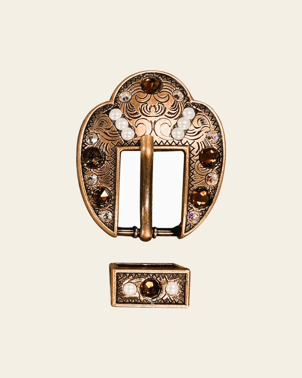 Topaz, AB & Pearl Copper European Crystal Fancy Buckle on a warm cream background
