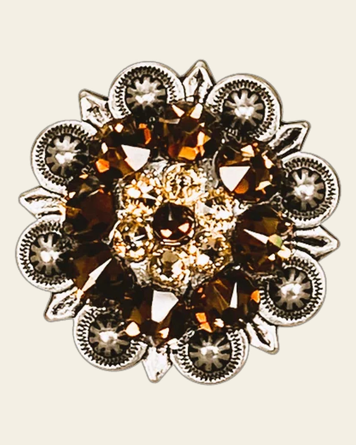 Topaz & Champagne Antique Silver 1.25" European Crystal Concho on a warm cream background