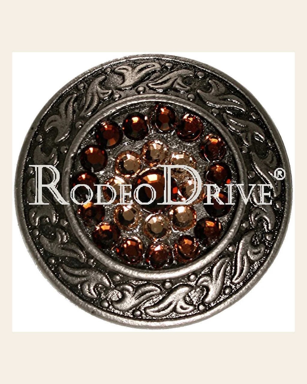 Topaz & Champagne Antique Silver 1.5" Disc European Crystal Concho on a warm cream background