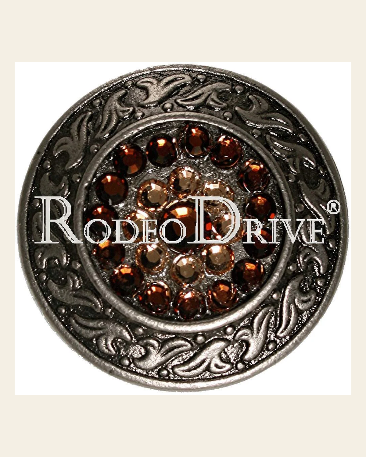 Topaz & Champagne Antique Silver 1.5" Disc European Crystal Concho on a warm cream background