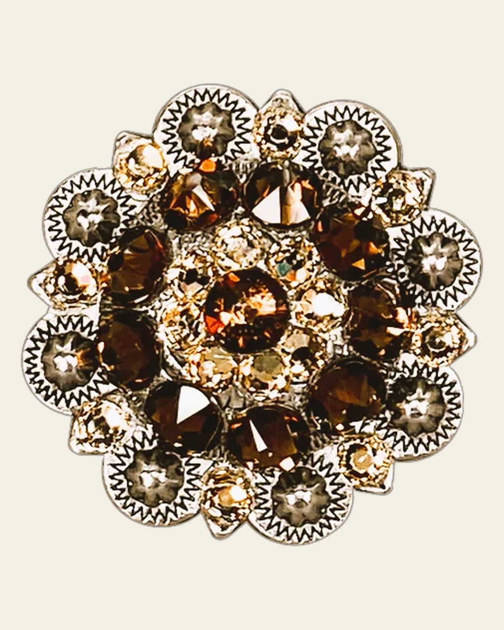 Topaz & Champagne Antique Silver 1.5" European Crystal Concho on a warm cream background