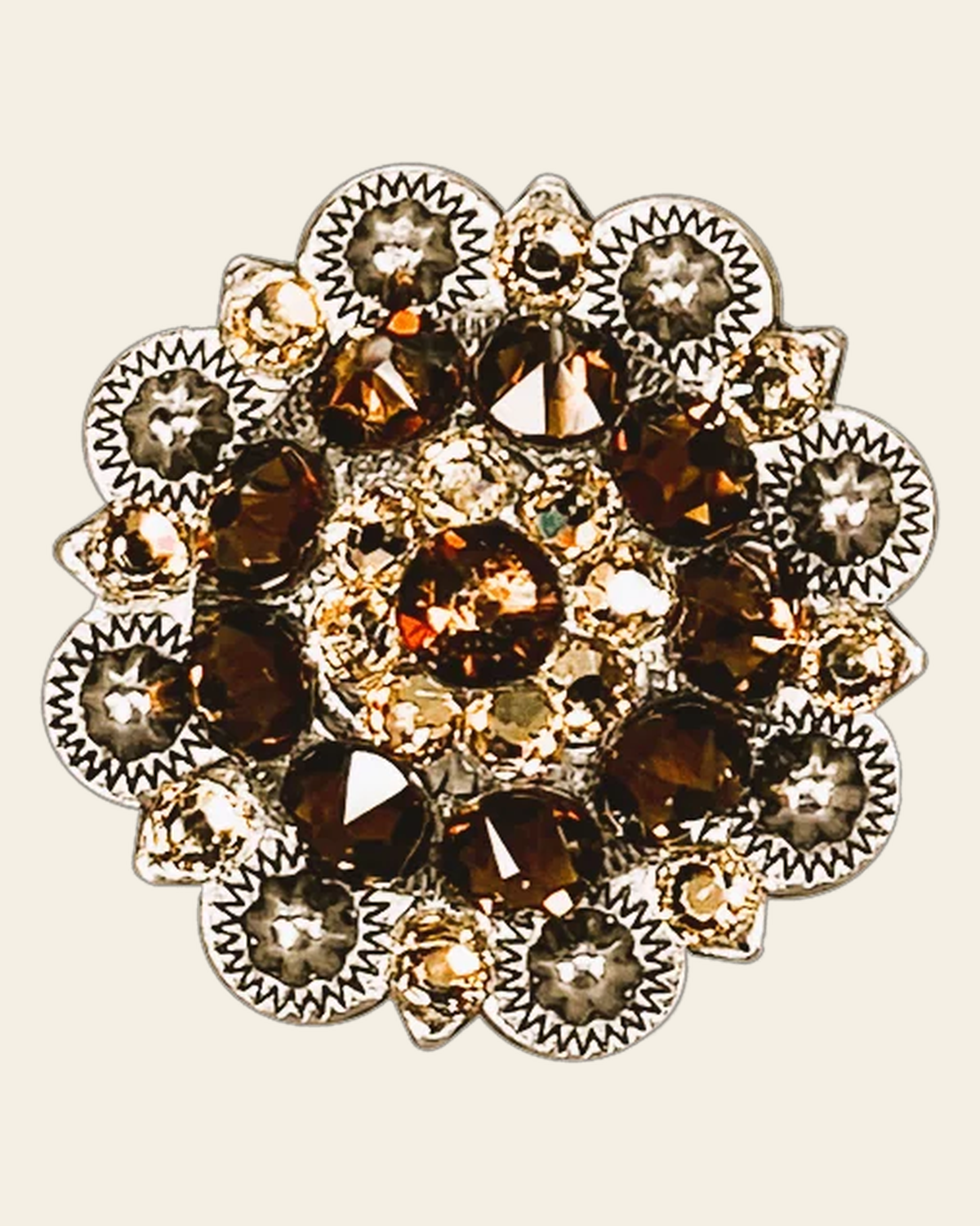 Topaz & Champagne Antique Silver 1.5" European Crystal Concho on a warm cream background