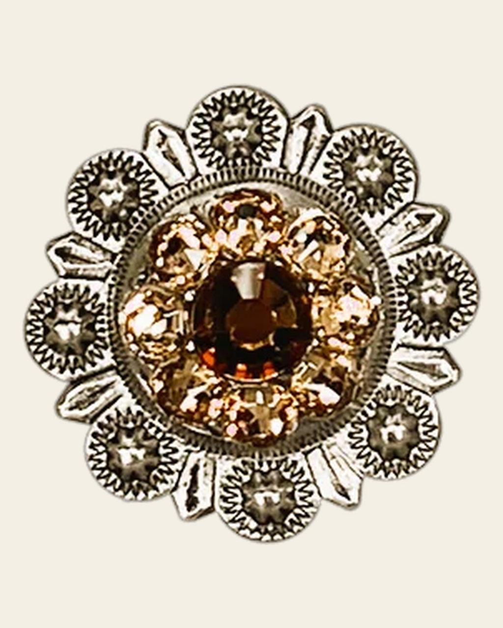 Topaz & Champagne Antique Silver 1" European Crystal Concho on a warm cream background