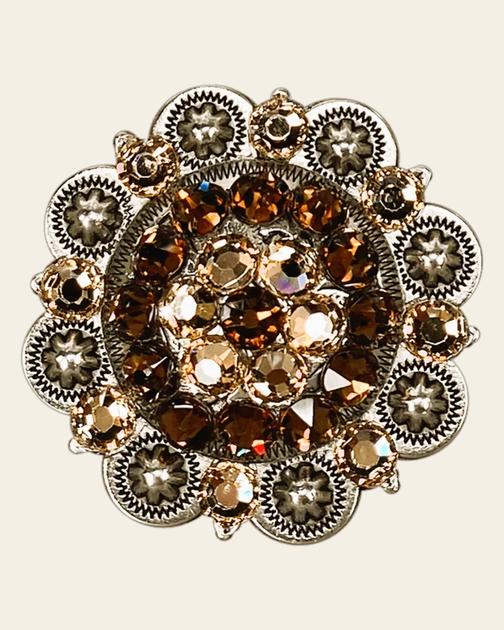 Topaz & Champagne Antique Silver 2" European Crystal Concho on a warm cream background